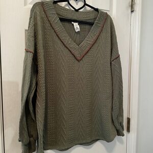 BiB! BIBI Women's Olive Green Textured V Neck Long Sleeve Top Size L